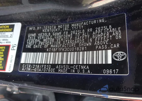 2012 Toyota Camry Le from USA, damaged, VIN 4T1BF1FK3CU018281